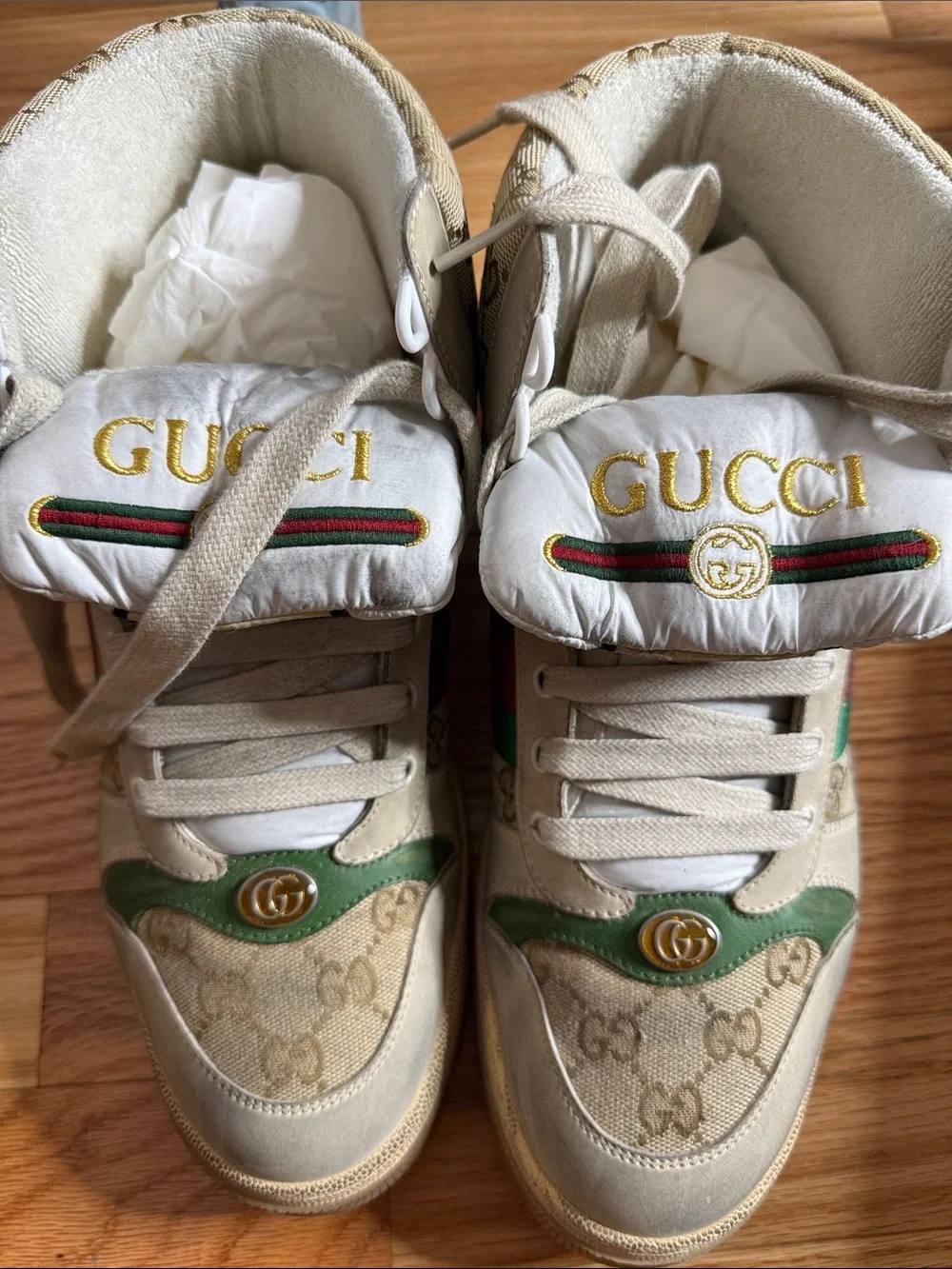 Gucci Beige Canvas High-Top Sneakers with Green & Red Web Stripe
